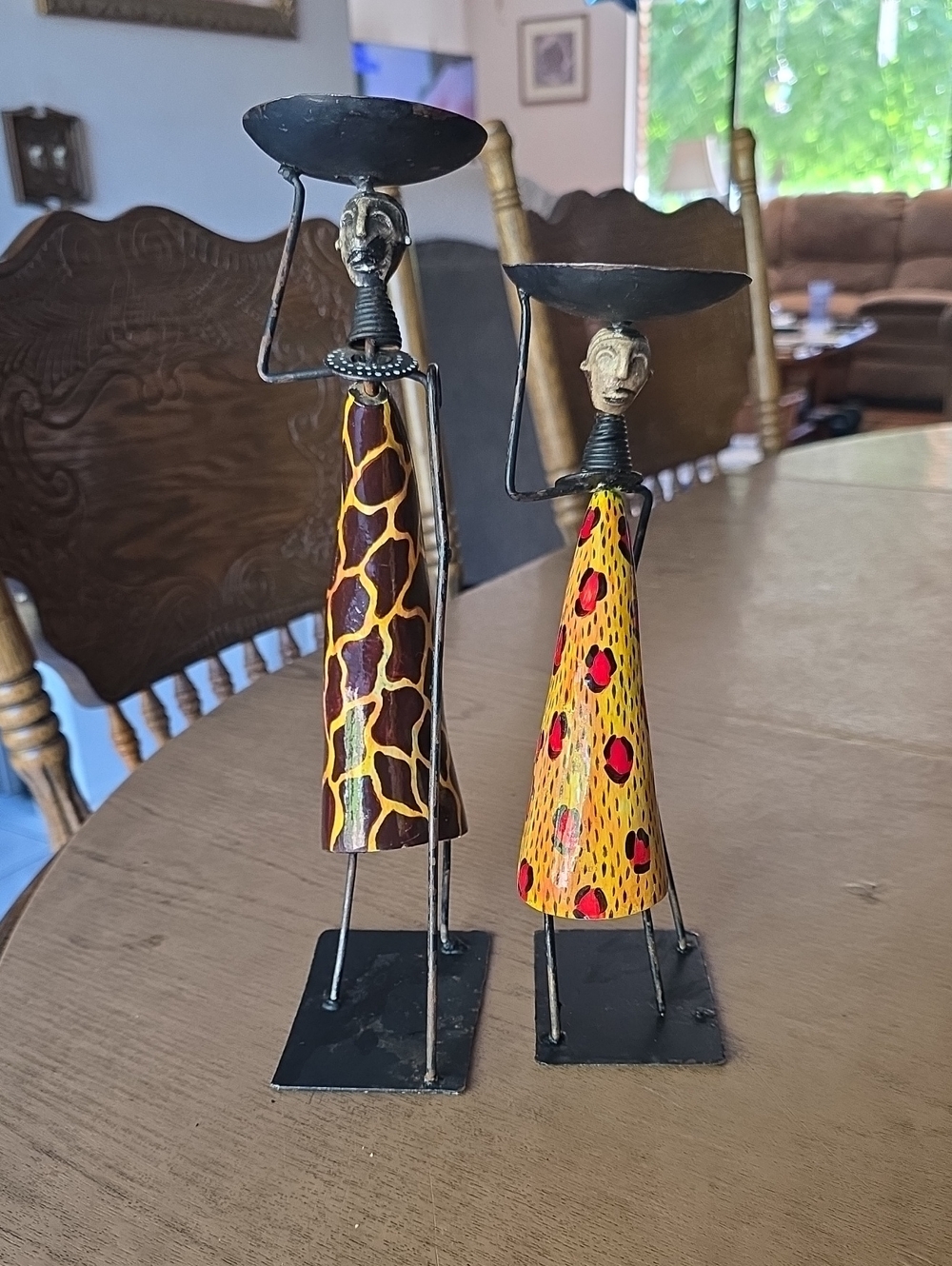 Handcrafted African-Style Metal Candle Holders in Yellow and Brown